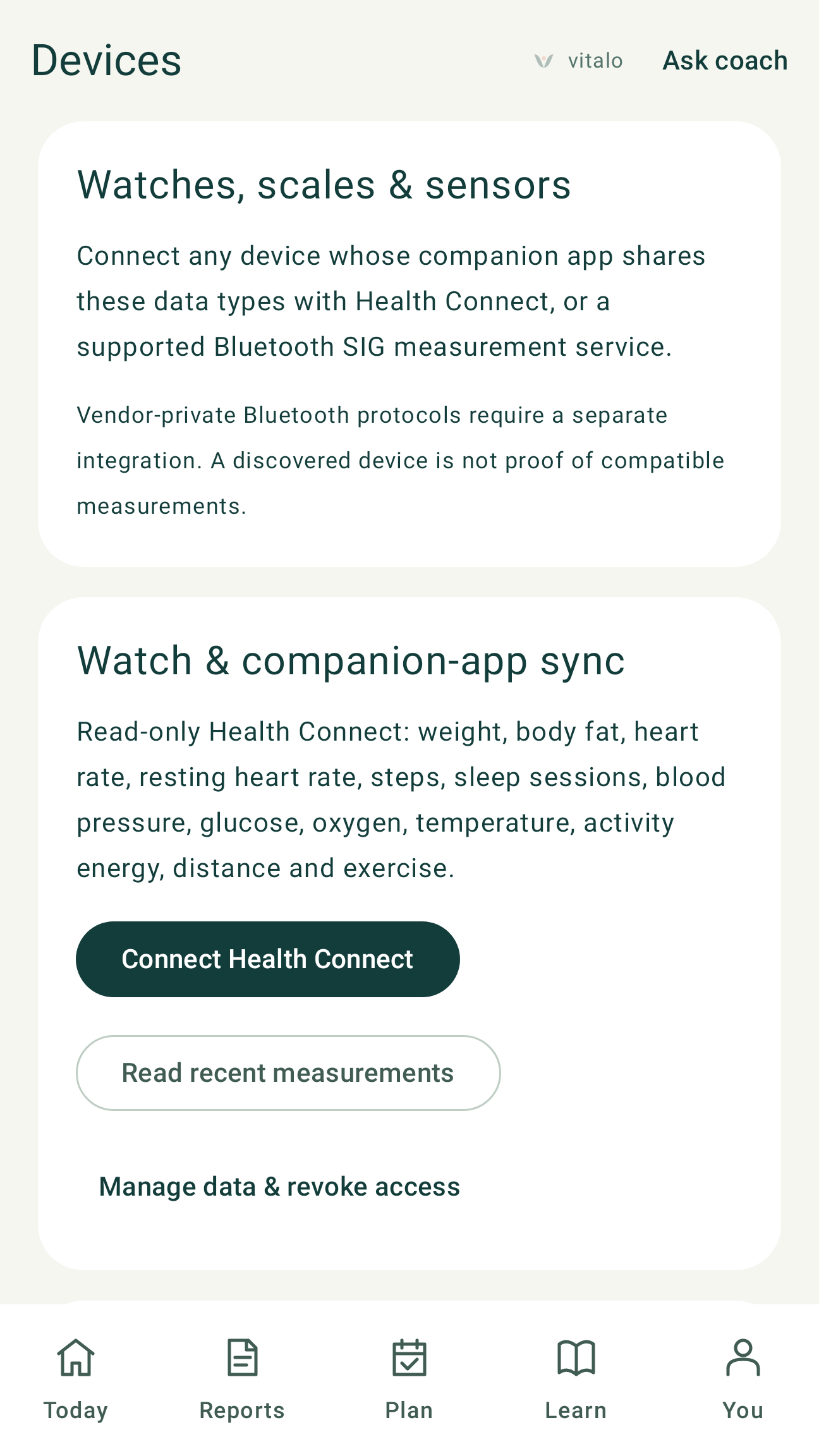 Vitalo device permission and compatibility screen