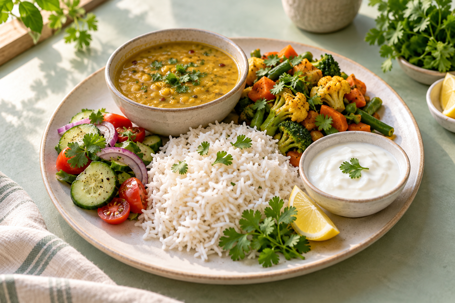 Illustrative balanced meal with vegetables, rice and lentils